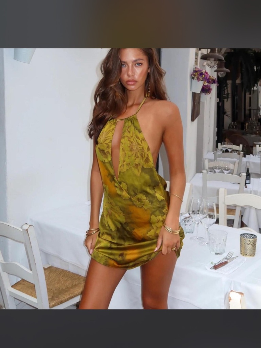 Olive Green Floral Halter Mini Dress